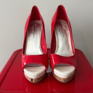 Jessica Simpson Red Patent Leather Peep Toe Cork Stiletto Heels 8.5B